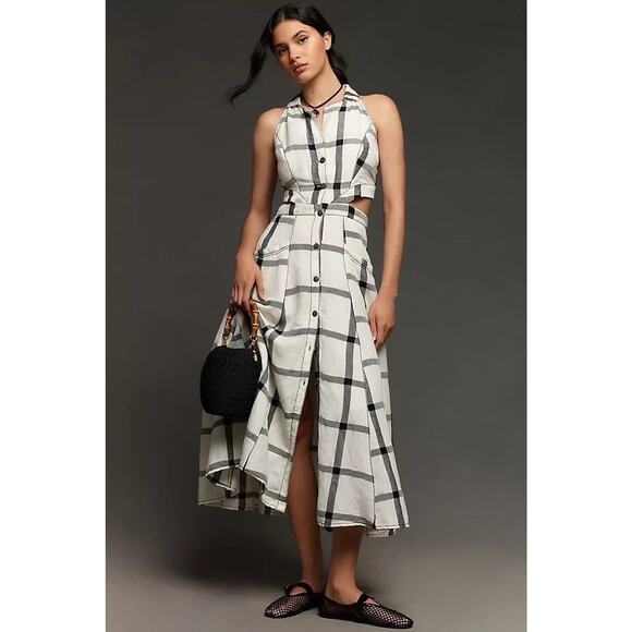 Anthropologie Pilcro Halter Plunge Linen White Midi Dress 10P - Picture 1 of 5